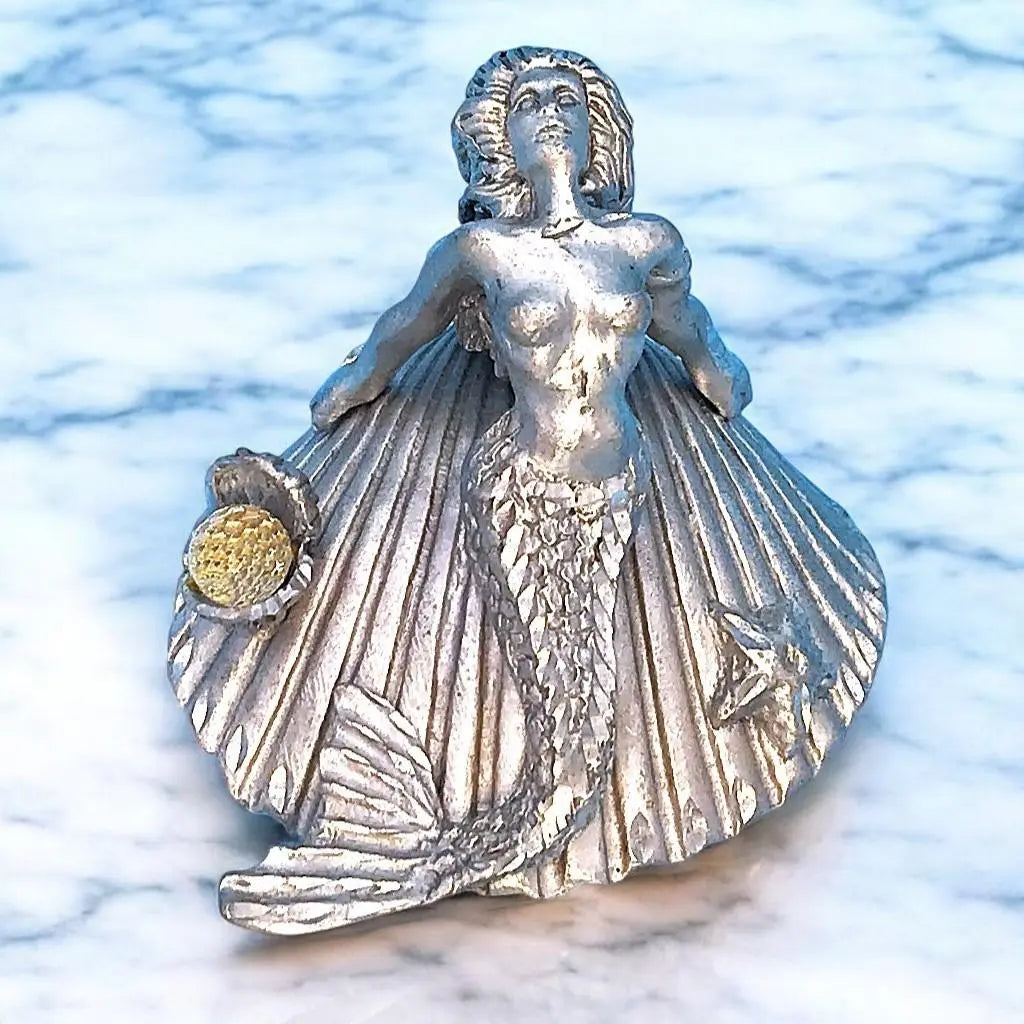 Silver human fish figurine mermaid on shell Oyster pearl | シルバー 人魚置物  マーメイド オン 貝殻 オイスター パール