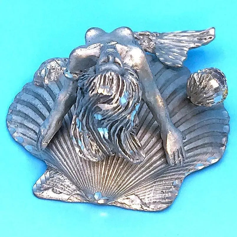 Silver human fish figurine mermaid on shell Oyster pearl | シルバー 人魚置物  マーメイド オン 貝殻 オイスター パール