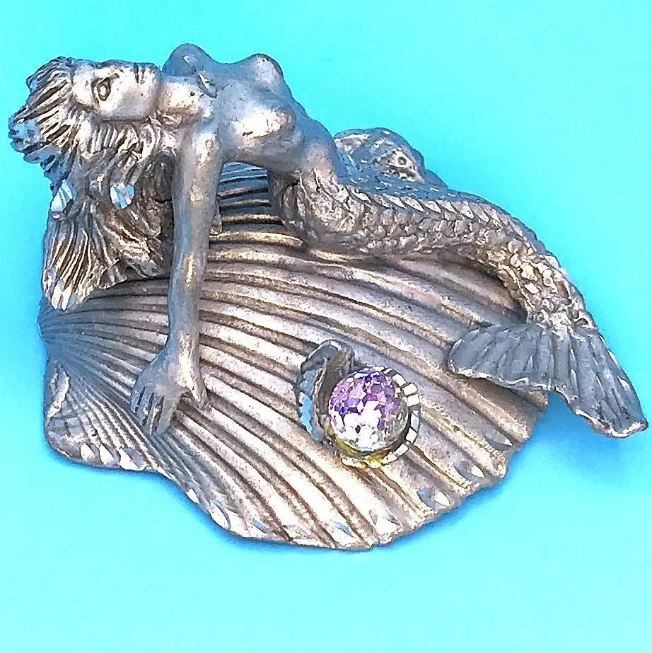 Silver human fish figurine mermaid on shell Oyster pearl | シルバー 人魚置物  マーメイド オン 貝殻 オイスター パール