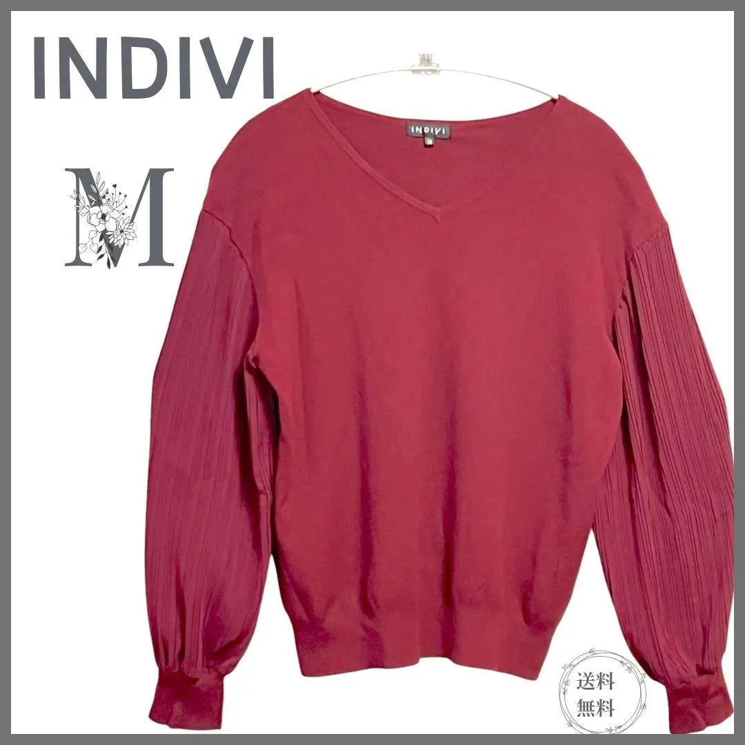 ★ Belleza ★ Indivi Indivi Tops Punto Manga Plisada Burdeos 38 | ★美品★INDIVI インディヴィ トップス ニット プリーツ袖 ボルドー 38