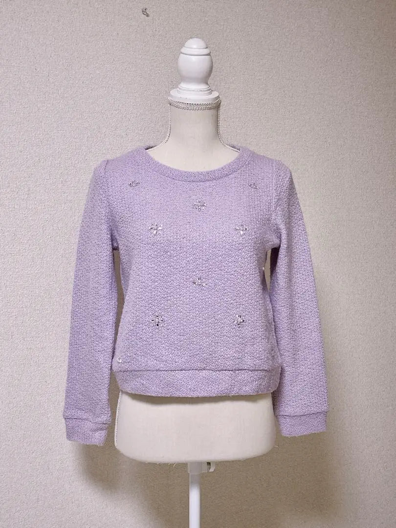 COLZA Colza Flower Visue Long Sleeve Knit Glitter Purple Feminine | COLZA　コルザ　フラワービジュー　長袖ニット　キラキラ　パープル　フェミニン