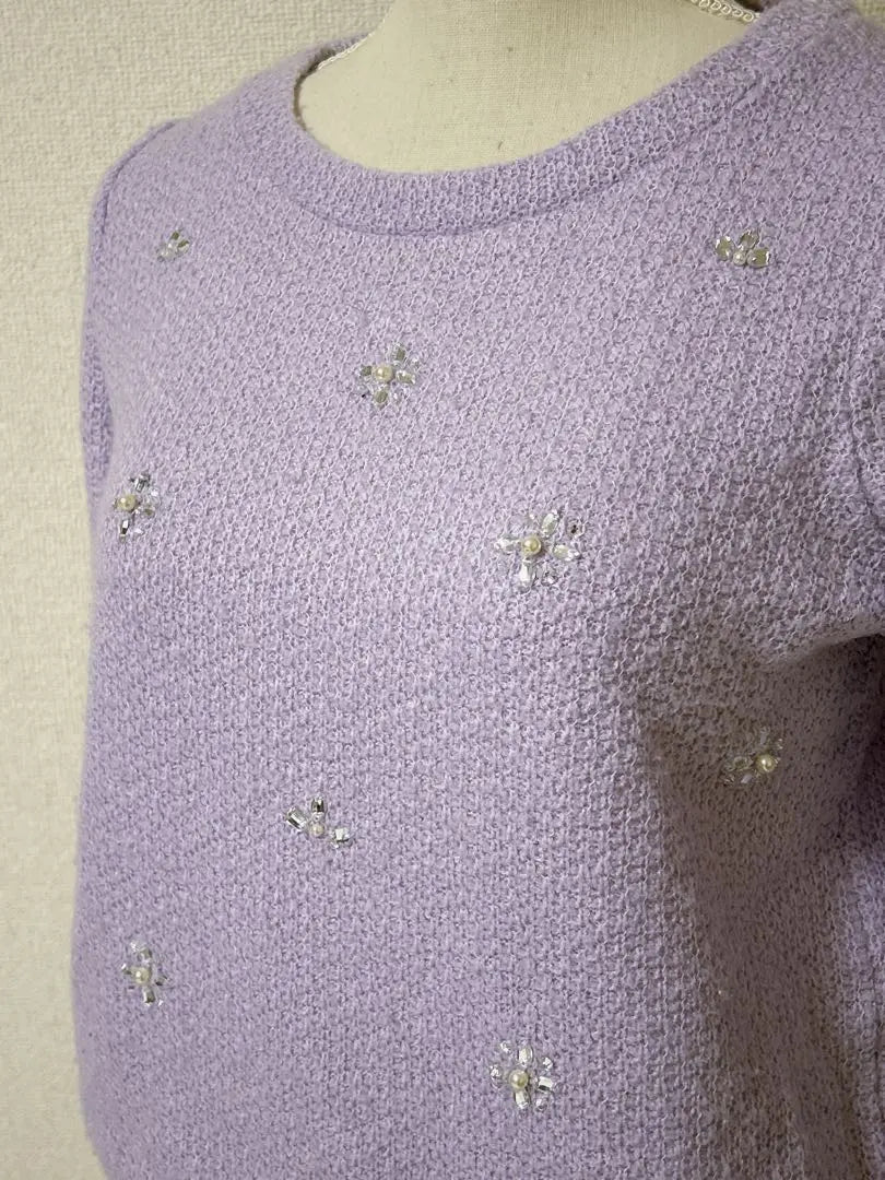 COLZA Colza Flower Visue Long Sleeve Knit Glitter Purple Feminine | COLZA　コルザ　フラワービジュー　長袖ニット　キラキラ　パープル　フェミニン