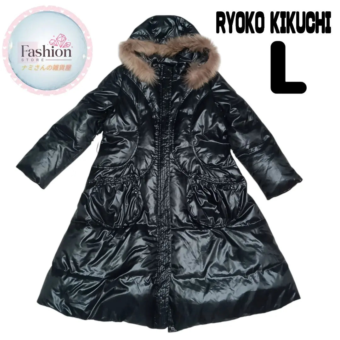 Ryoko Kikuchi Black Down Coat L Stripe Lining A Line | RYOKO KIKUCHI 黒 ダウン コート L ストライプ裏地 Aライン