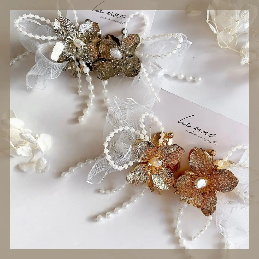 ❸ Handmade earrings metal flower large pearl chiffon lace earrings | ❸ハンドメイドピアス メタルフラワー 大ぶり パール シフォンレース イヤリング