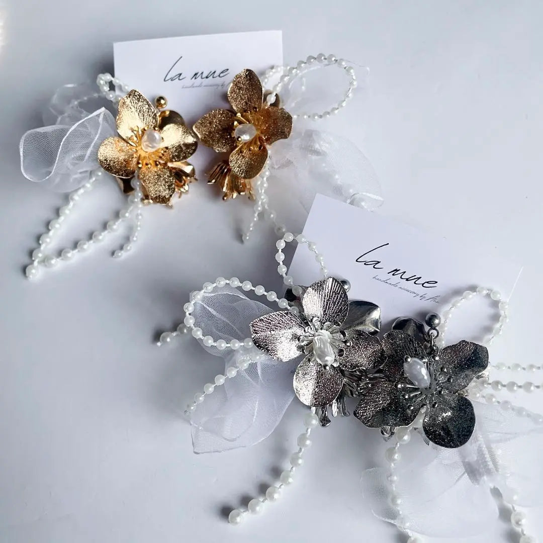 ❸ Handmade earrings metal flower large pearl chiffon lace earrings | ❸ハンドメイドピアス メタルフラワー 大ぶり パール シフォンレース イヤリング