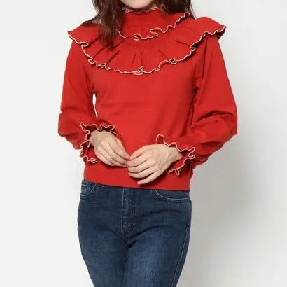 ♡ Lily Brown Mellow Frill Knit Top (Red)