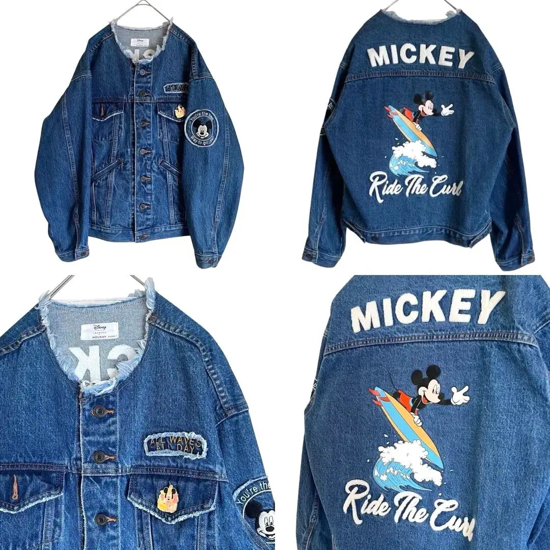 [Rare] moussy × Disney F embroidery no collar denim jacket