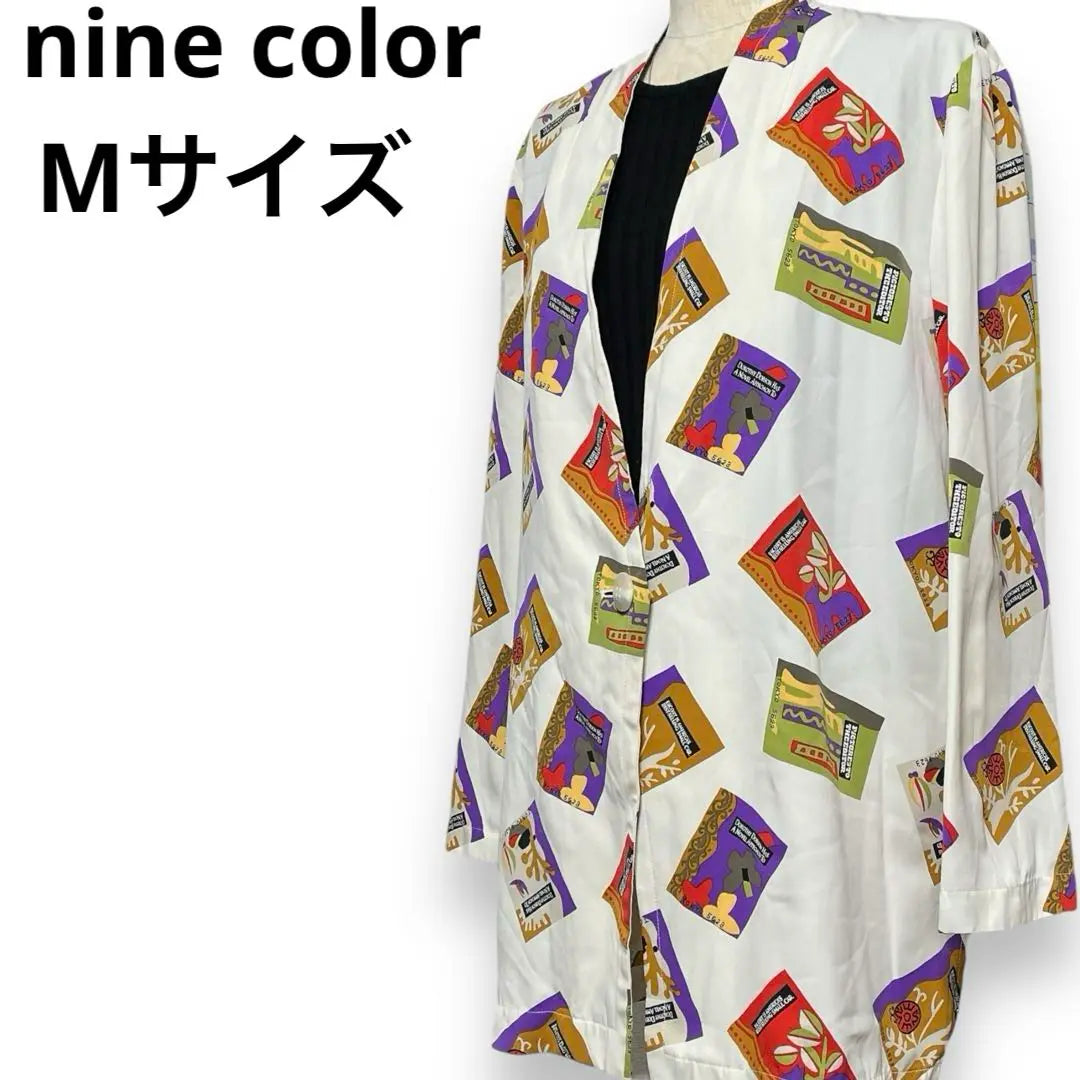 Nine Color Total Pattern Jacket Light No Color Jacket Long Sleeve Retro White White White | ナインカラー 総柄ジャケット 薄手 ノーカラージャケット 長袖 昭和レトロ 白