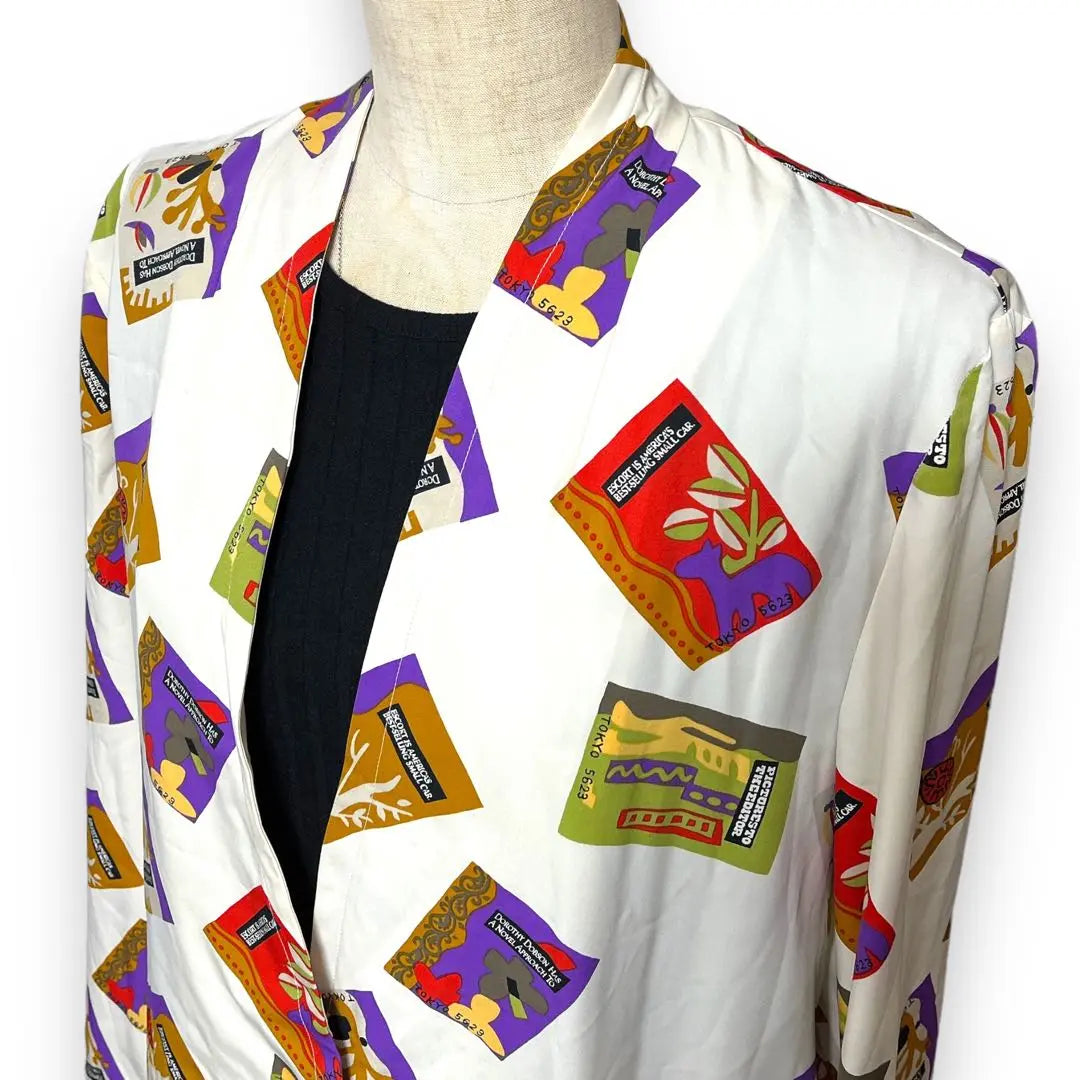 Nine Color Total Pattern Jacket Light No Color Jacket Long Sleeve Retro White White White | ナインカラー 総柄ジャケット 薄手 ノーカラージャケット 長袖 昭和レトロ 白