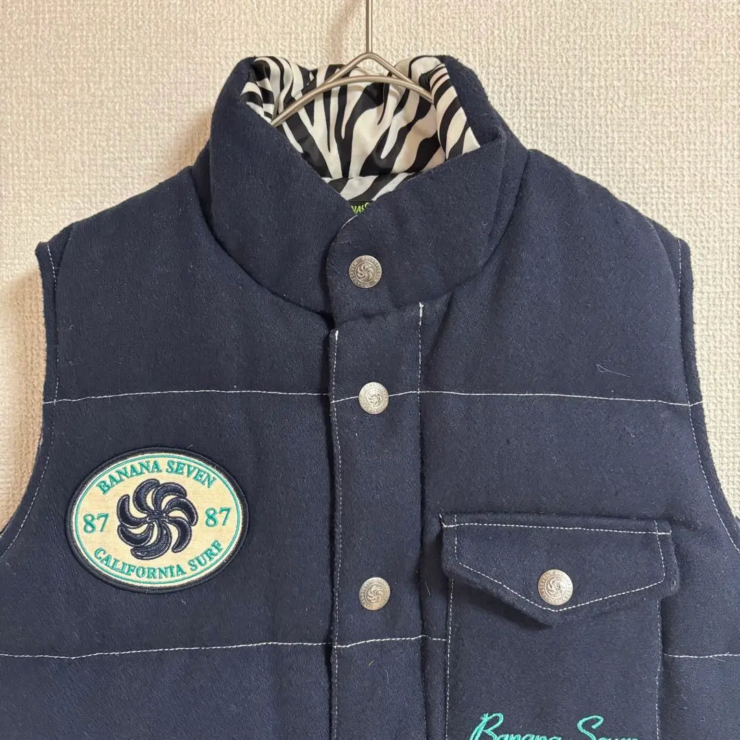 BANANA SEVEN Quilted Down Vest Patch Embroidery Navy