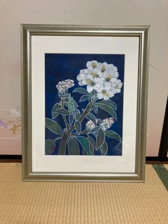 Japanese painting Sekinan flower (Western rhododendron) with frame and acrylic board