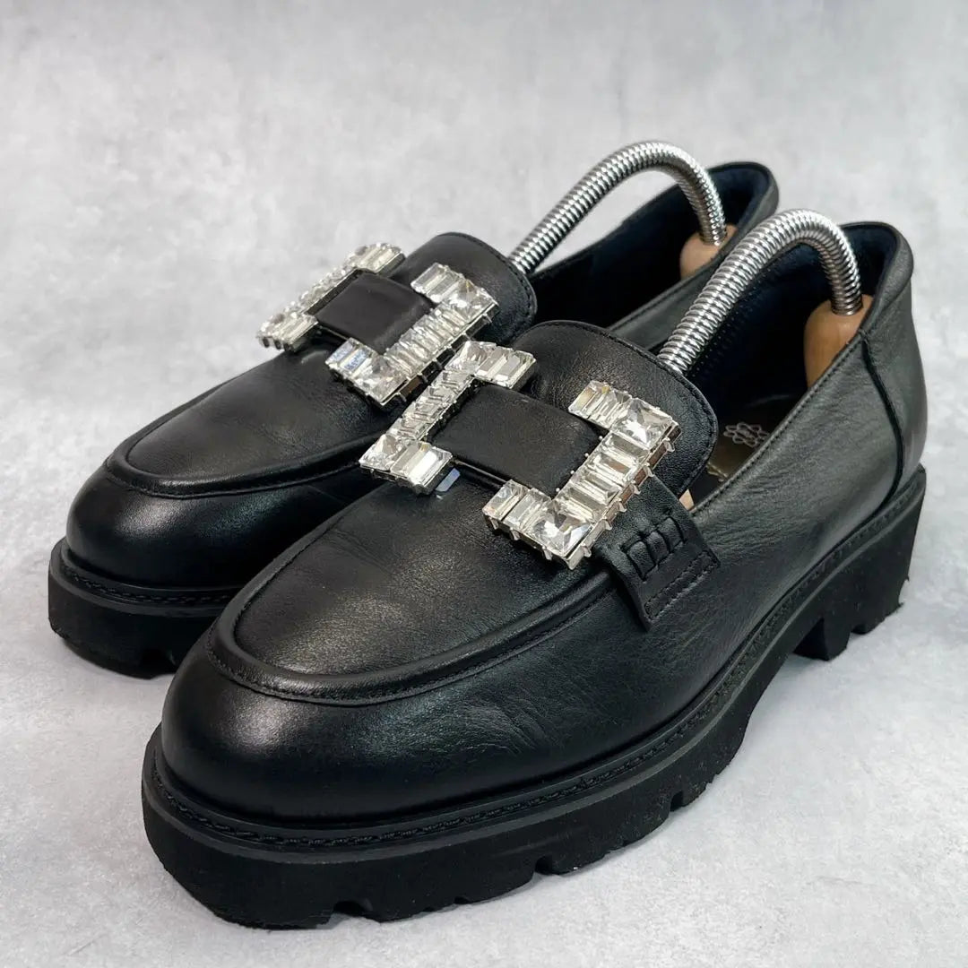 ☆Good condition☆ [Beaufort] Thick-soled loafers (24) Bijou buckle black