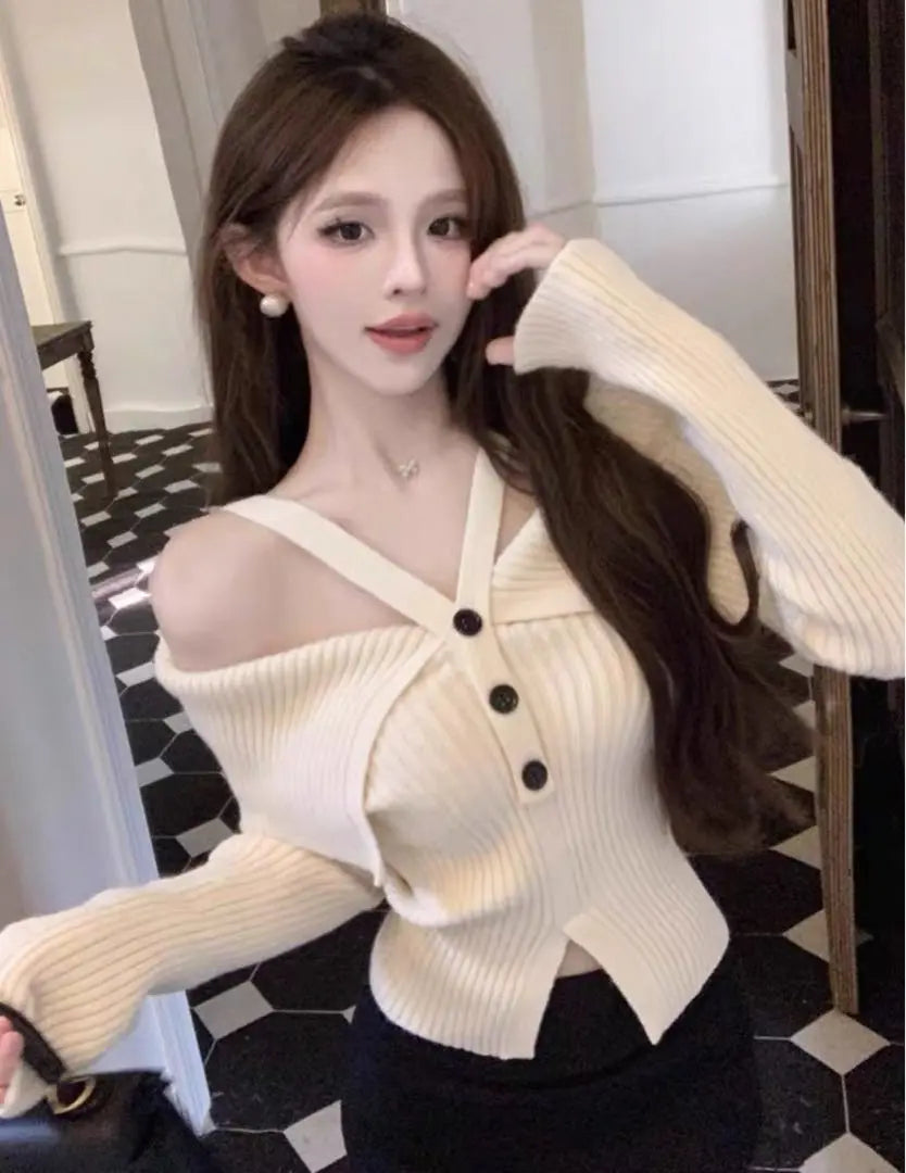 DHOLIC Big Color Strap Off Shoulder Knit Ivory Sold Out Item