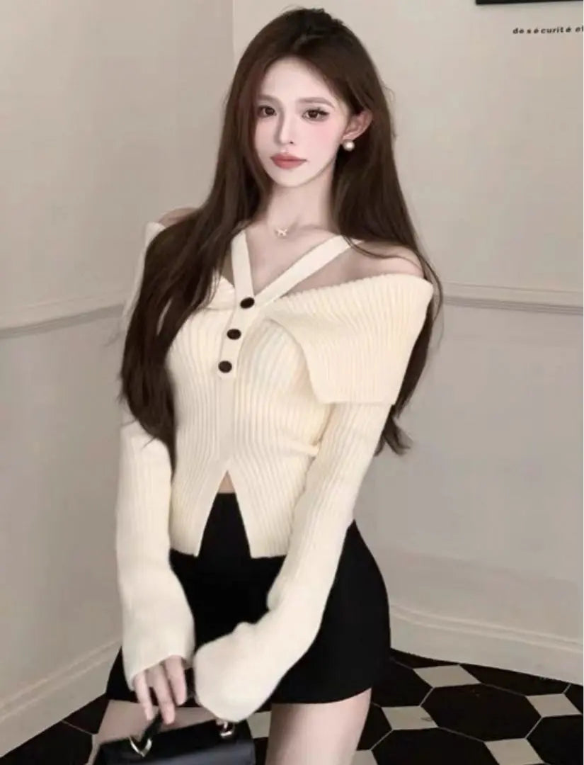 DHOLIC Big Color Strap Off Shoulder Knit Ivory Sold Out Item