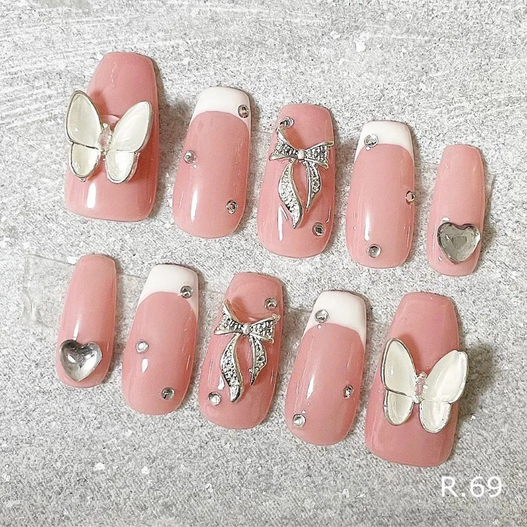 Butterfly French Heart Korean Pink Handmade Nail Tip R.69