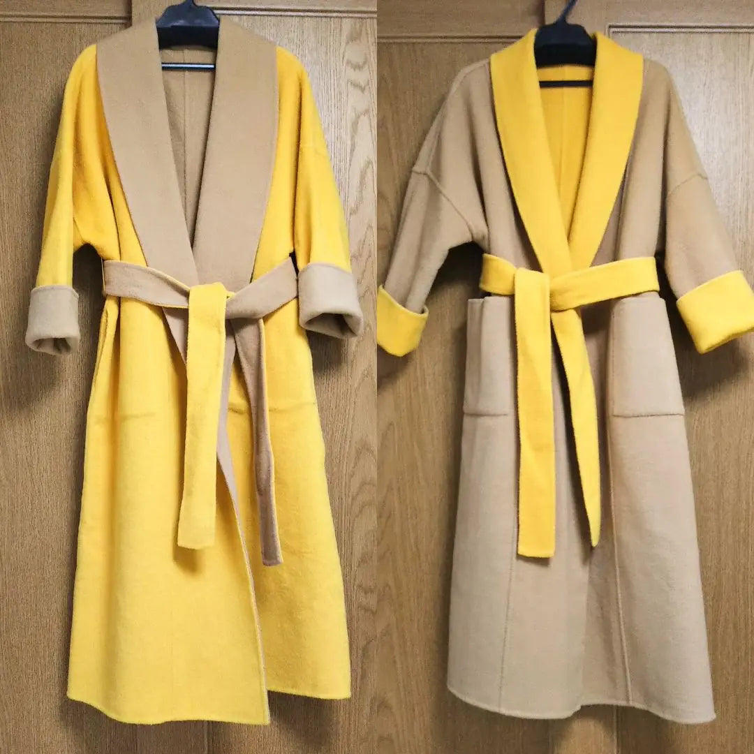 New reversible long coat loofma color gown wool belt | 新品 リバーシブル ロングコート ヘチマカラー ガウン ウール ベルト からし