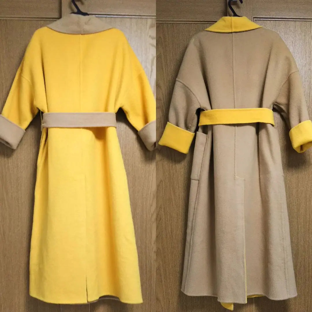 New reversible long coat loofma color gown wool belt | 新品 リバーシブル ロングコート ヘチマカラー ガウン ウール ベルト からし