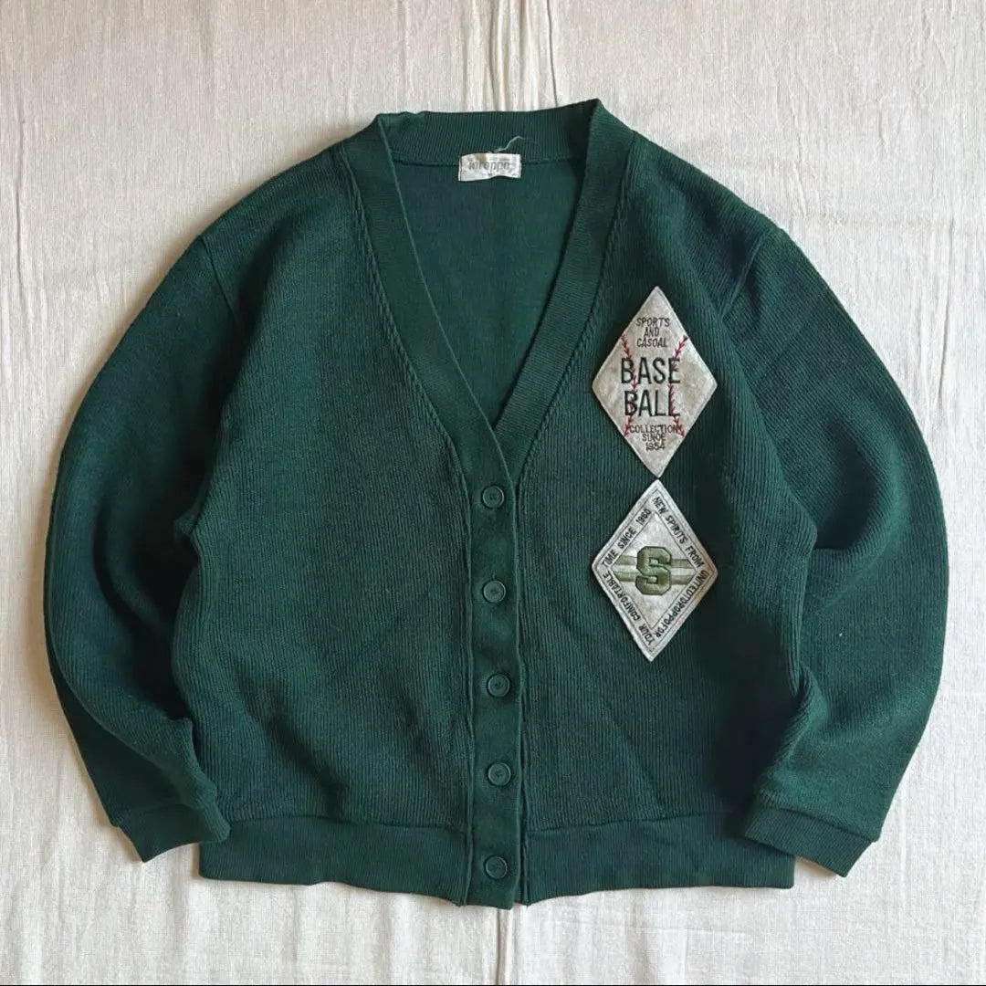 90s vintage thick knit short lettered cardigan baseball embroidery patch