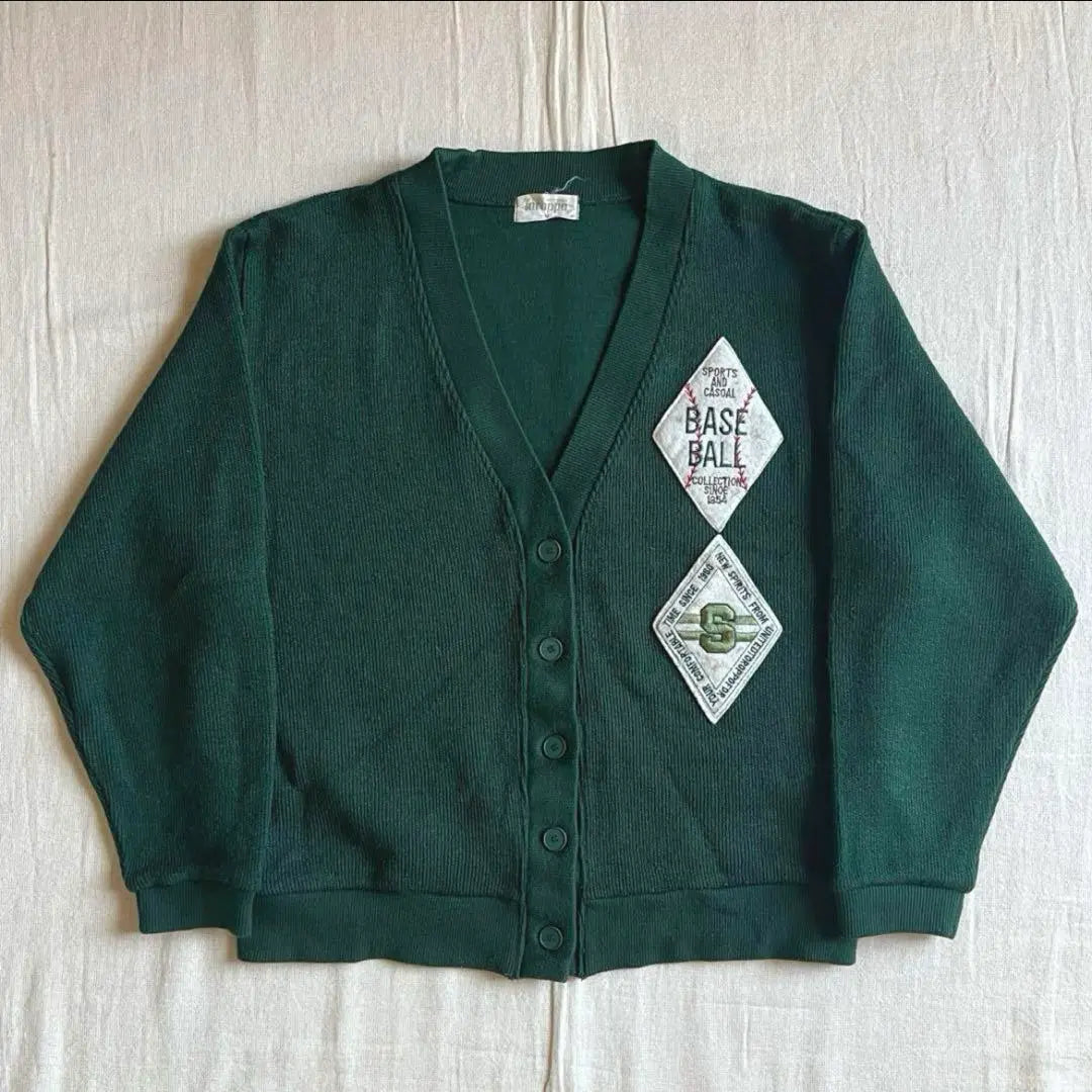 90s vintage thick knit short lettered cardigan baseball embroidery patch