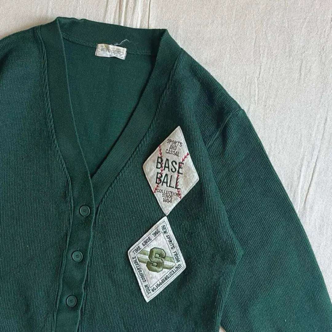 90s vintage thick knit short lettered cardigan baseball embroidery patch