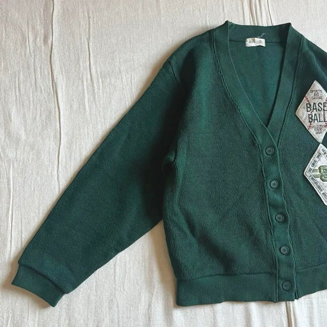 90s vintage thick knit short lettered cardigan baseball embroidery patch