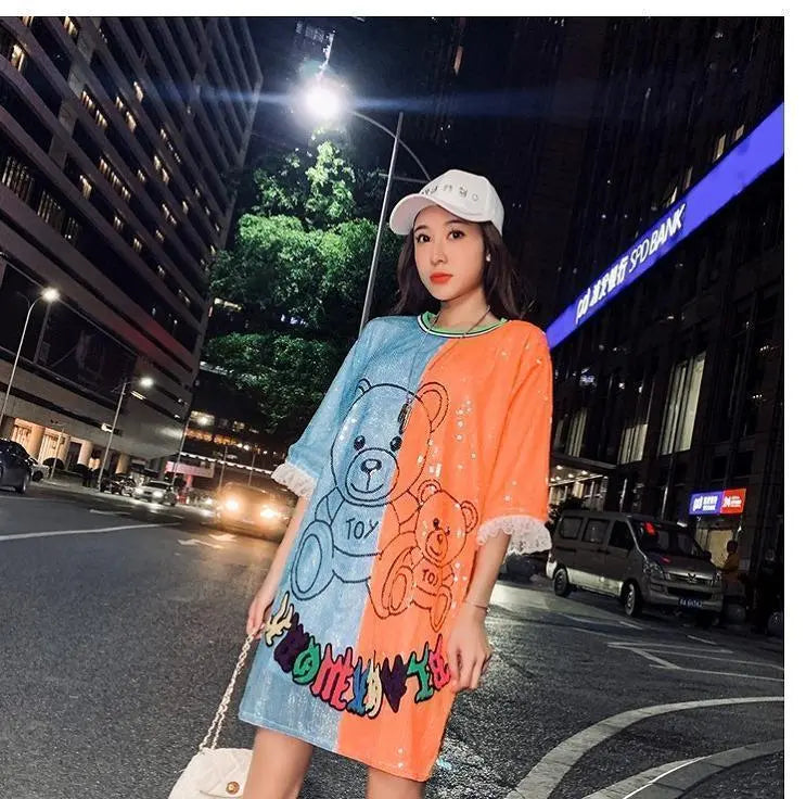 [Last 1] Large size Women's Spring/Summer Tops Bear pattern Short sleeves Lace sleeves