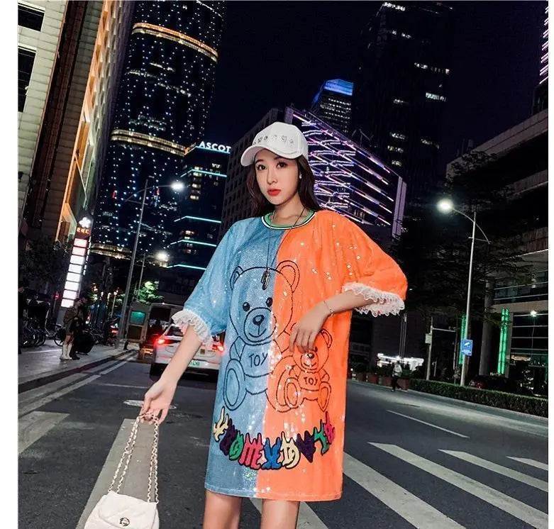 [Last 1] Large size Women's Spring/Summer Tops Bear pattern Short sleeves Lace sleeves