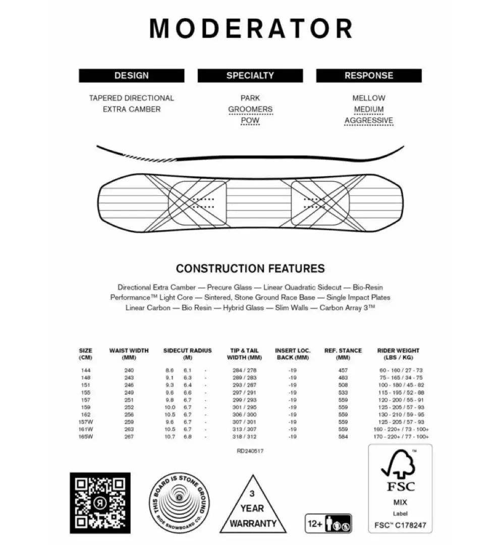 RIDE/Ride MODERATOR 155 Snowboard Board 24-25