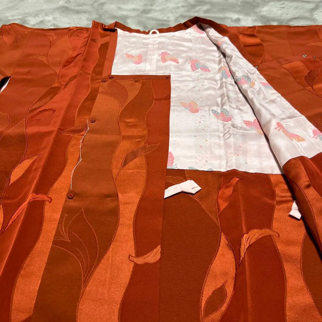 Chi★Unused★ Michiyuki coat, pure silk, persimmon color, length 86cm, sleeve length 55.5cm, hand-sewn sewn