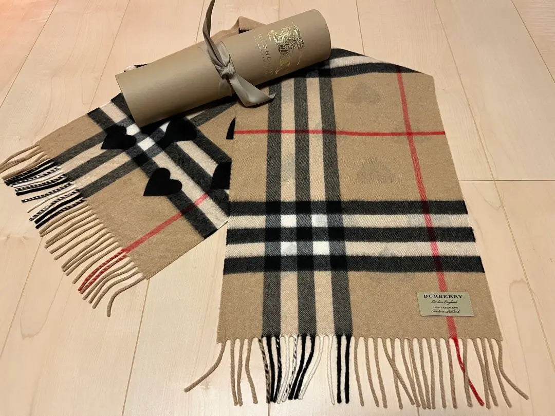 BURBERRY Muffler 100% cashmere black heart close to unused