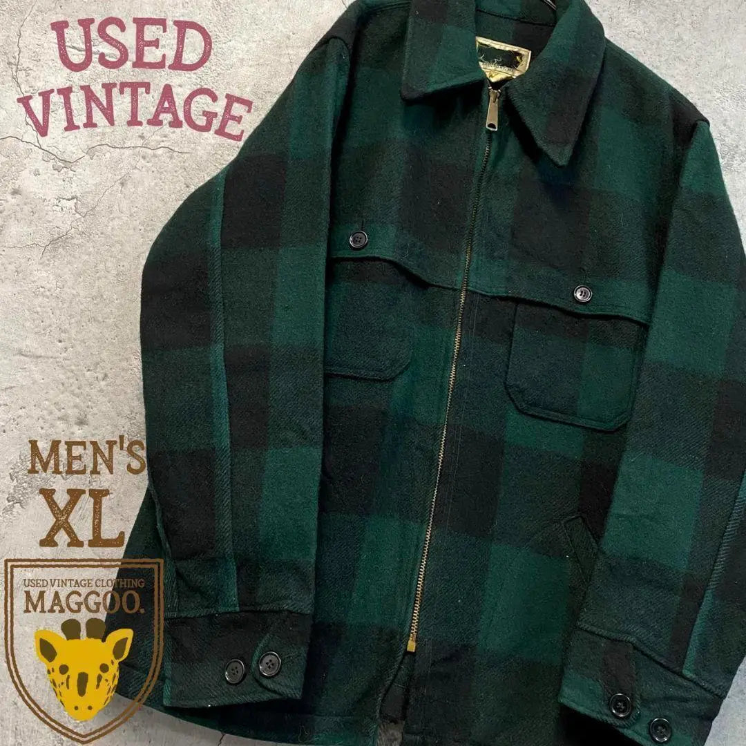 Ropa vintage estadounidense de los años 60 [Chaqueta de lana con cremallera CPO] Estampado de cuadros verdes