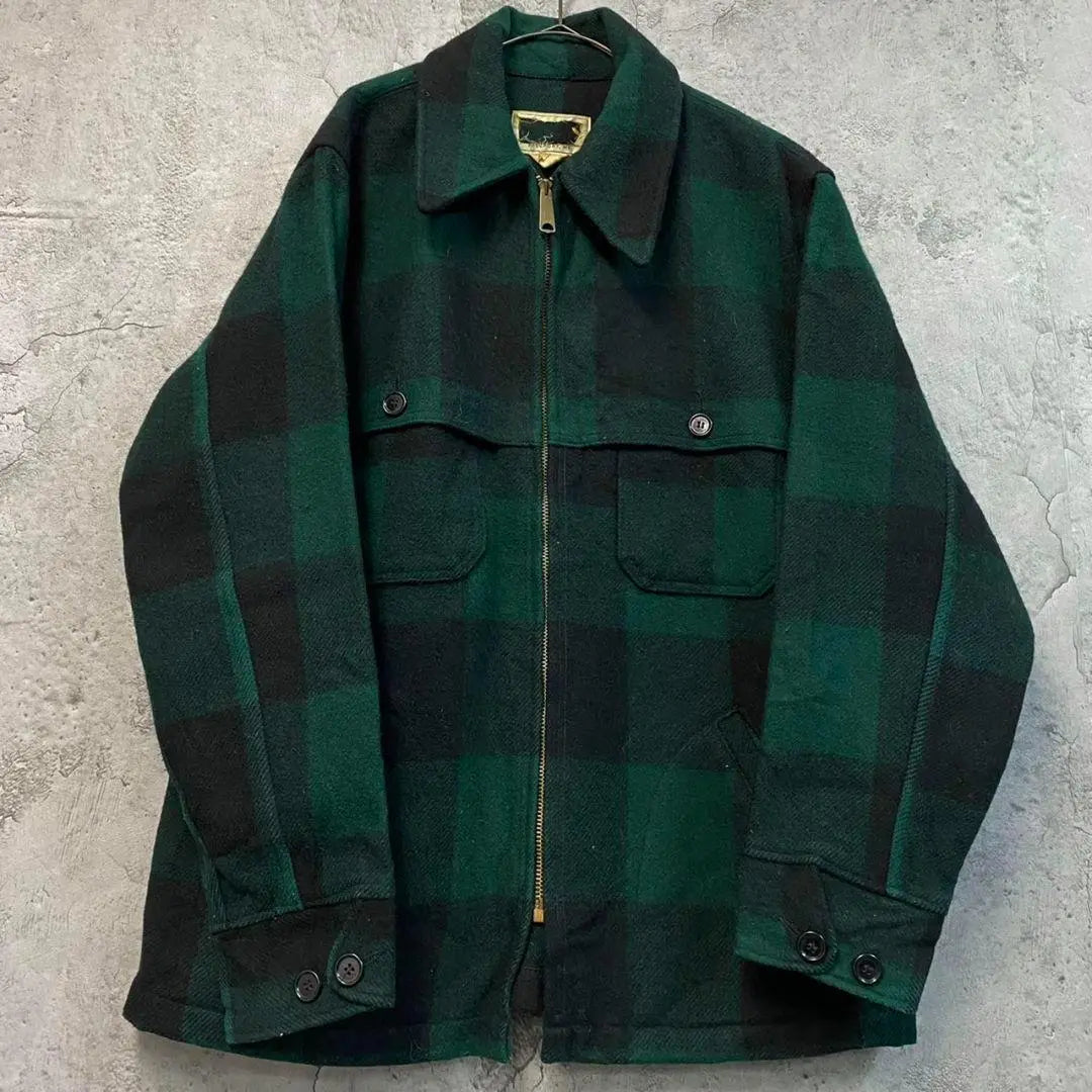 Ropa vintage estadounidense de los años 60 [Chaqueta de lana con cremallera CPO] Estampado de cuadros verdes