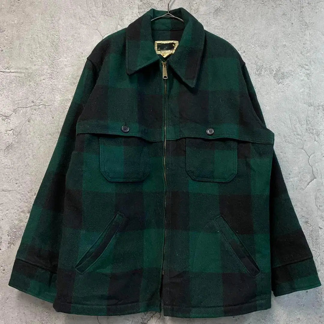 Ropa vintage estadounidense de los años 60 [Chaqueta de lana con cremallera CPO] Estampado de cuadros verdes