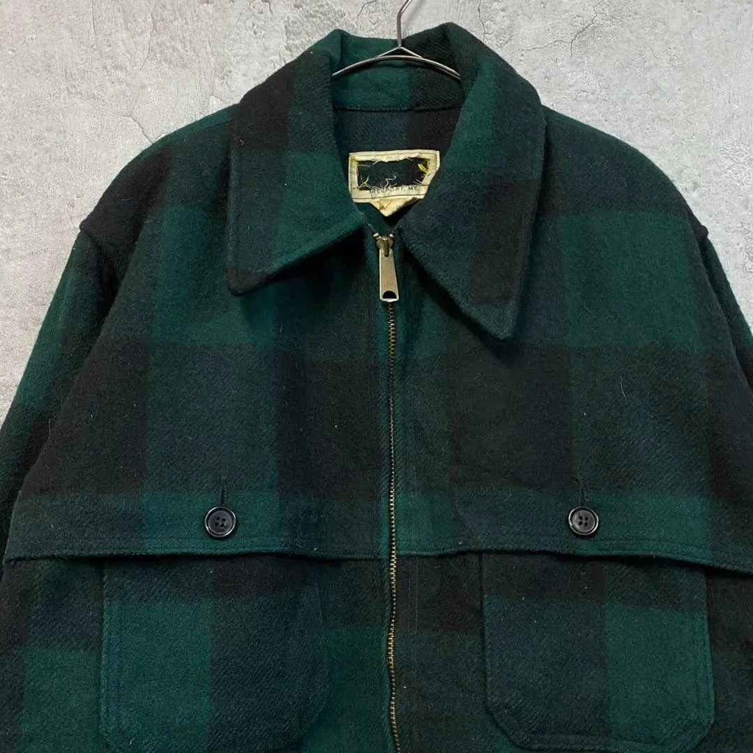 Ropa vintage estadounidense de los años 60 [Chaqueta de lana con cremallera CPO] Estampado de cuadros verdes