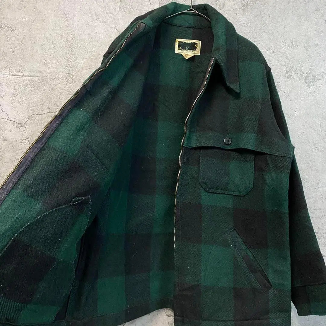 Ropa vintage estadounidense de los años 60 [Chaqueta de lana con cremallera CPO] Estampado de cuadros verdes