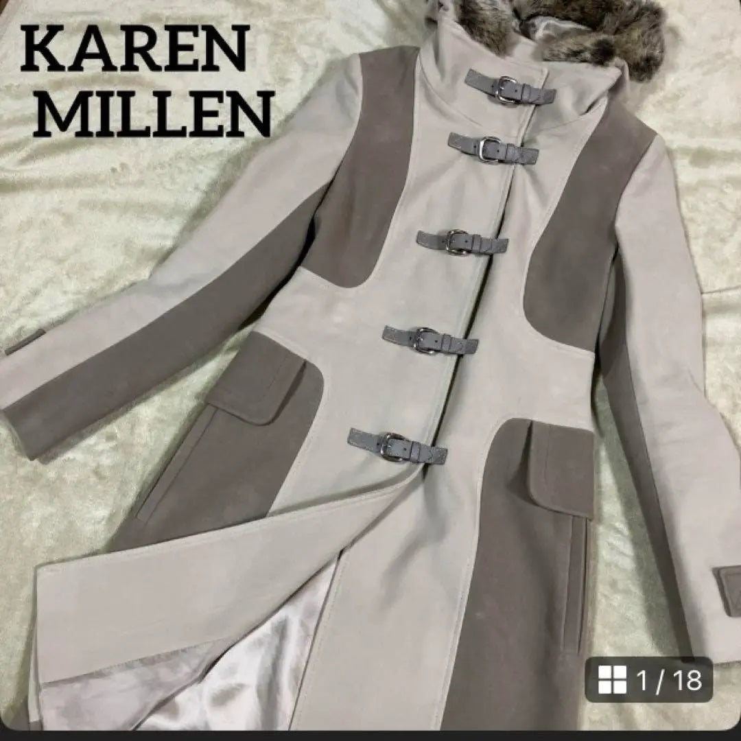 Good condition Karen Mirren long coat bicolor hood fur belt