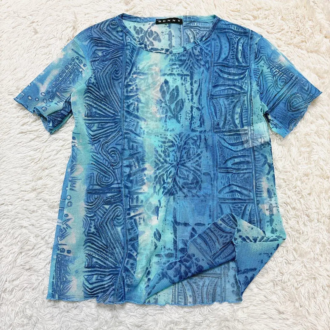 Luxury Benny Italian Sheer Material Sheet She Material Manga Corta Corte Soradation Blue | 高級 ベニー イタリア製 シアー素材 透け感 半袖カットソー グラデーション 青