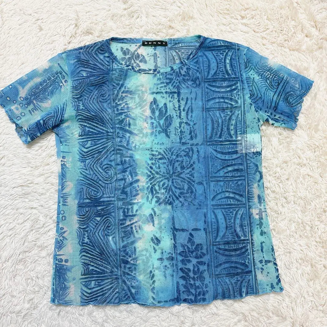 Luxury Benny Italian Sheer Material Sheet She Material Short Sleeve Cut Soradation Blue | 高級 ベニー イタリア製 シアー素材 透け感 半袖カットソー グラデーション 青