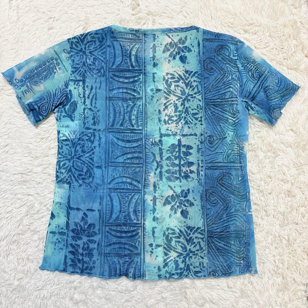 Luxury Benny Italian Sheer Material Sheet She Material Short Sleeve Cut Soradation Blue | 高級 ベニー イタリア製 シアー素材 透け感 半袖カットソー グラデーション 青