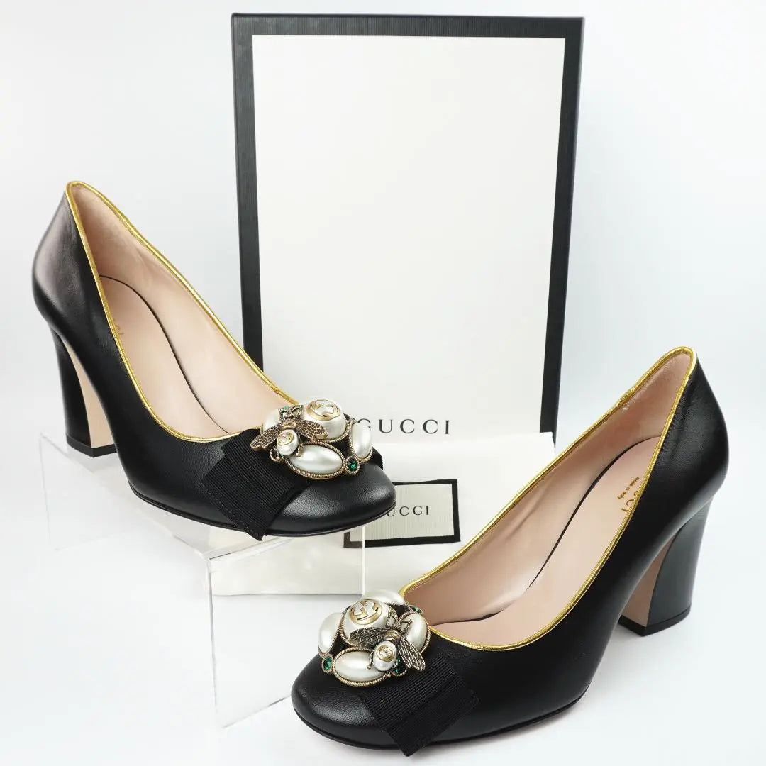 EU38 GUCCI Gucci Heel BEE Sin usar Cuero Negro Raro 204A