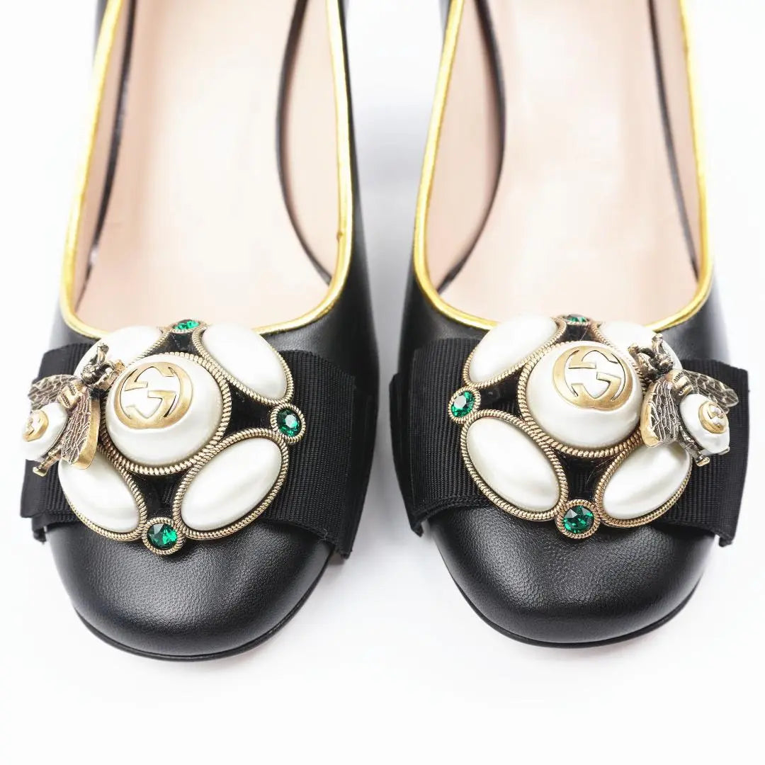 EU38 GUCCI Gucci Heel BEE Sin usar Cuero Negro Raro 204A