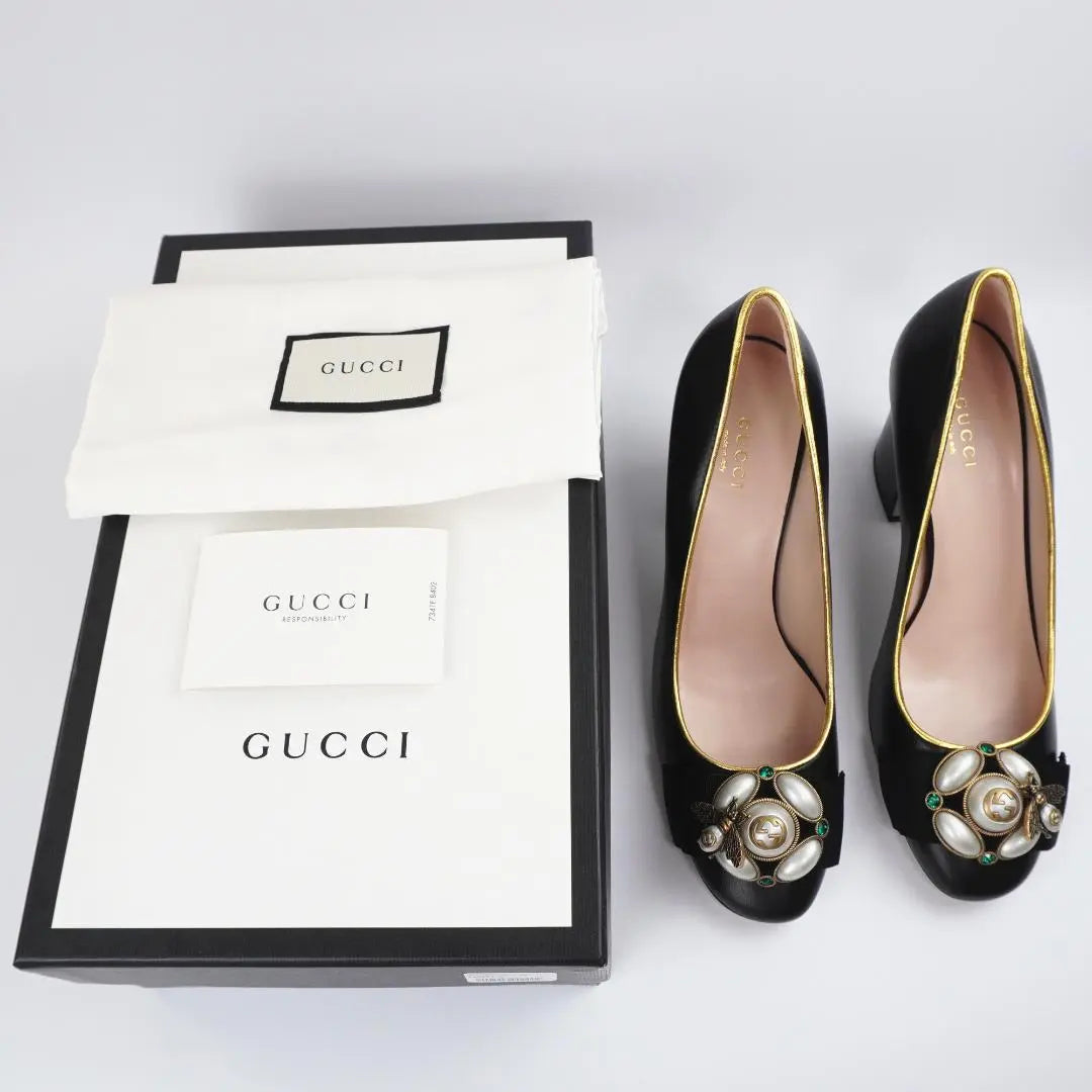 EU38 GUCCI Gucci Heel BEE Sin usar Cuero Negro Raro 204A