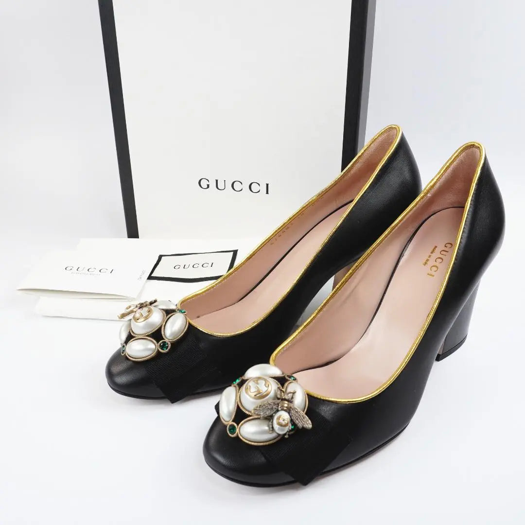 EU38 GUCCI Gucci Heel BEE Sin usar Cuero Negro Raro 204A