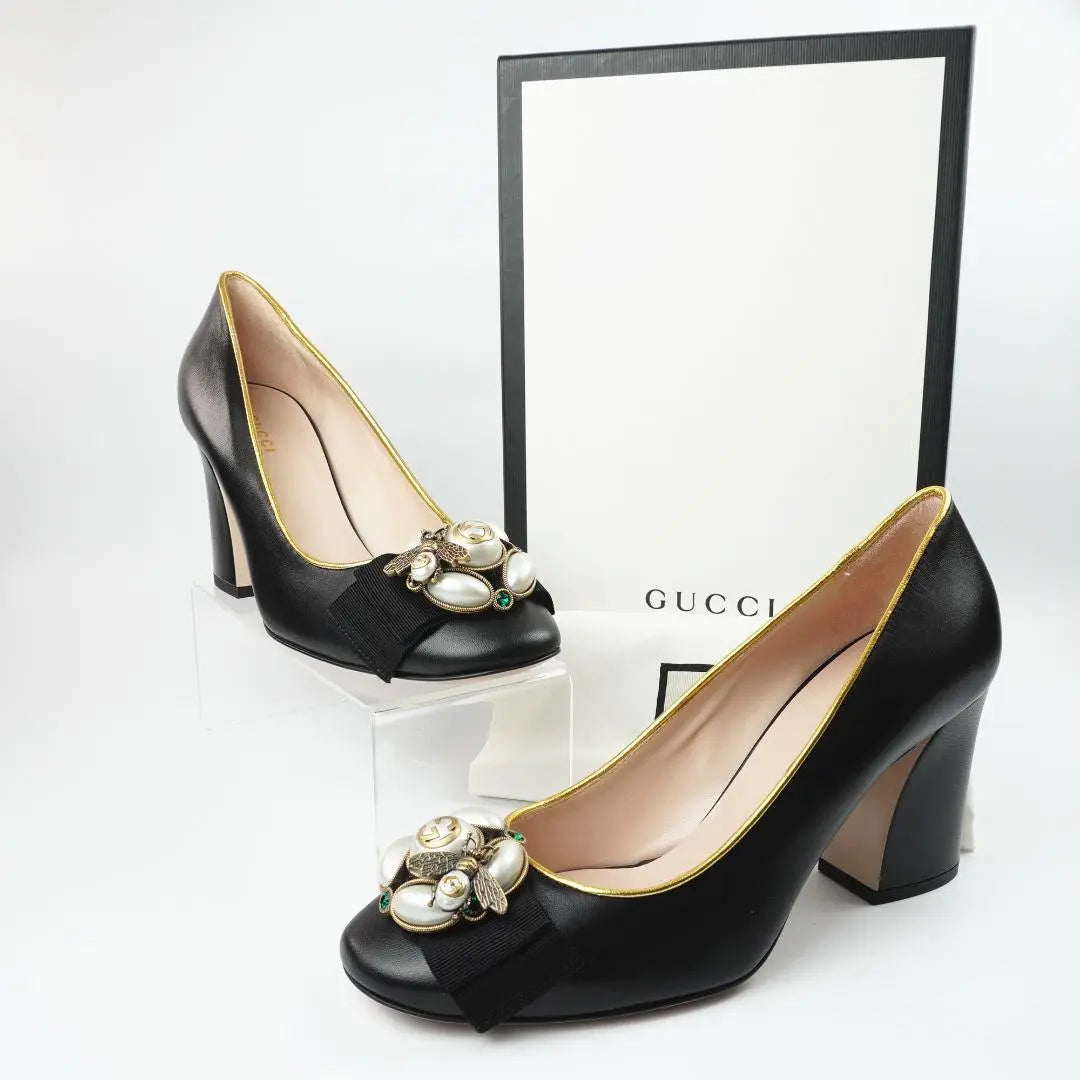 EU38 GUCCI Gucci Heel BEE Sin usar Cuero Negro Raro 204A