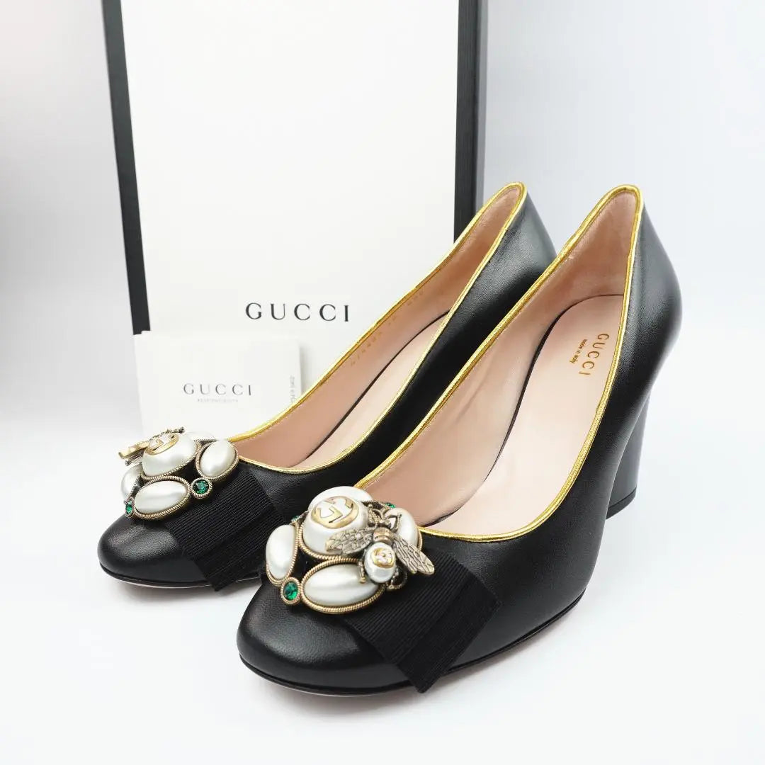 EU38 GUCCI Gucci Heel BEE Sin usar Cuero Negro Raro 204A