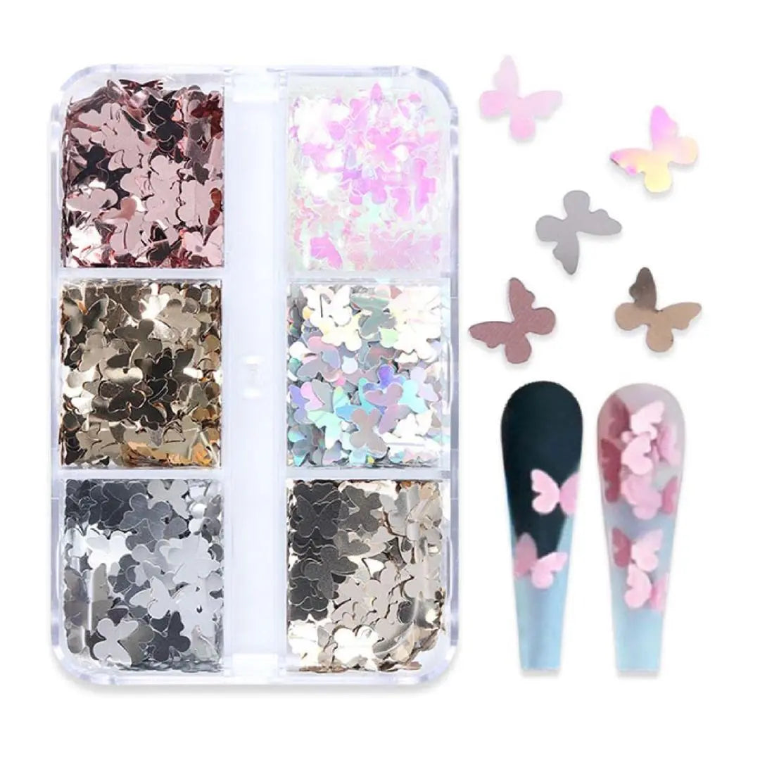 Glittering nail parts, butterfly, 6 colors, with storage case, cute, stylish