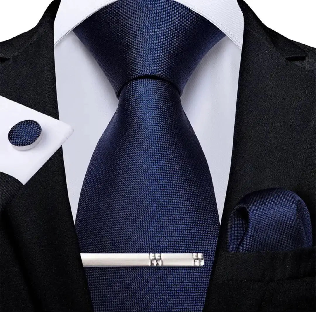 [4-piece set] Tie Wedding Father's Day Navy Blue Blue Silver