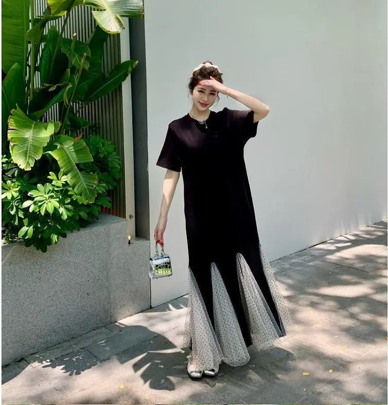 Large size women's long dress, spring/summer, autumn, new, short sleeves, sheer