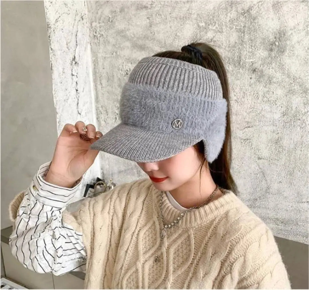 [New] Sun visor, gray, knit hat, golf, sports, cold protection, ear cover