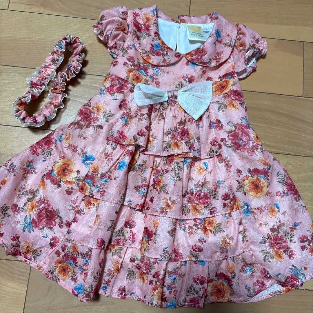 Vestido rosa con estampado floral y cinta para el pelo para bebé sin perro NENA